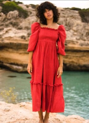 #ad Billabong Dress Medium Womens Long Red Maxi Midi Smocked Lace Puff Sleeve $29.99