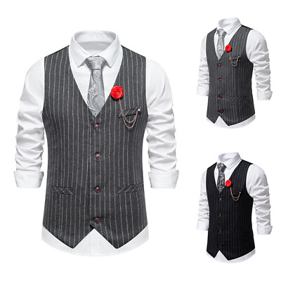 #ad Men#x27;s Spring British Vintage Stripe Suit Vest Blazer Single breasted Jacket Vest $36.09