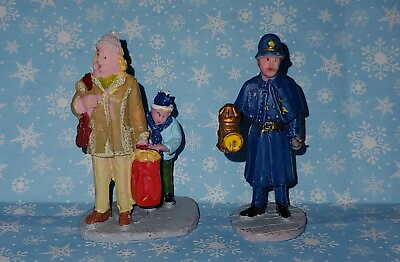 #ad 2 Christmas Village People Figurines Night Watchman Mother amp; Boy $10.99