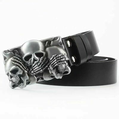 #ad Real Leather Waist Belt Skull Buckle Retro Waistband Punk Rock Biker Unisex Belt $25.99