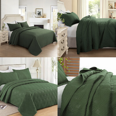 #ad 3Piece Green Embossed Quilted Bedspread Set Twin Queen Size Reversible Coverlet $28.99