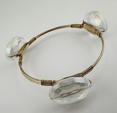 #ad 7.5” Artisan Gold Tone Wire Wrap Bangle Bracelet W Lg AB Crystals IRN459 $10.00
