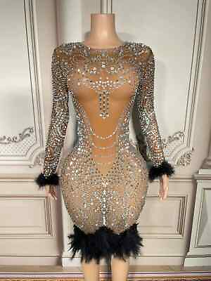 #ad Women Crystals Black Feather Stretch Dress Dancer Singer Dresses Stage Wear $283.80