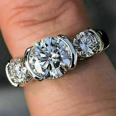 #ad 3.25ct Round Three Stone Natural MOISSANITE Engagement Ring 925 Sterling Silver $233.54