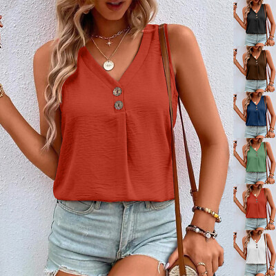#ad Women V Neck Solid Sleeveless Vest Tank Tops Cami Ladies Casual T Shirt Summer $16.79
