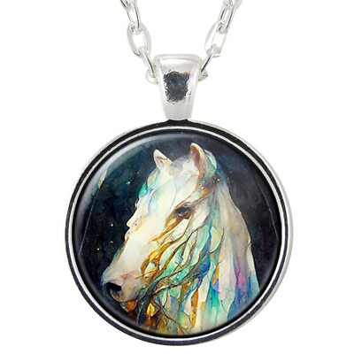 #ad White Horse Pendant Necklace Handmade Round Charm Equestrian Art $17.50