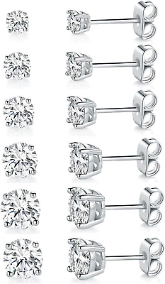 #ad 18K White Gold Plated 4 Pong round Clear Cubic Zirconia Stud Earring Pack of 6 P $33.82