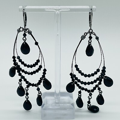 #ad Pierced Earrings Dangle Drop Black Faceted Bead Teardrop Costume Jewelry 3 1 2quot; $7.98