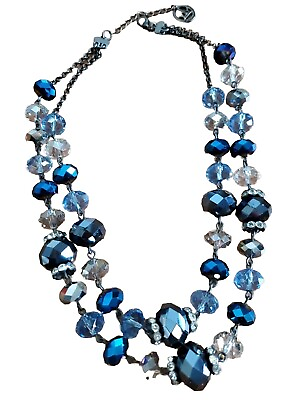 #ad TRIFARI Necklace BLUE Faceted Iridescent AB GLASS BEADS 2 Strand Modern $22.49