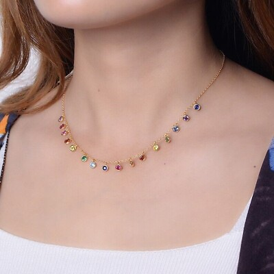 #ad 14K Yellow Gold Plated Lab Created 5Ct Round Multi Color Dropamp;Dangle Necklace $192.85