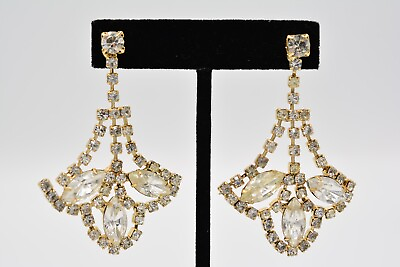 Vintage Crystal Earrings Prong Marquise Rhinestone Gold Tone Dangle 1980s BinAF $18.36