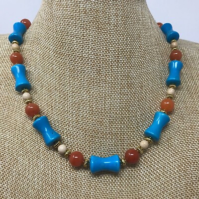#ad Handmade Necklace of Turquoise and Tan Magnesite and Round Orange Quartz Beads $14.00