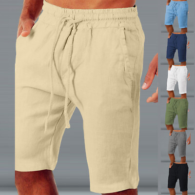 #ad Men Cotton Linen Casual Shorts Elastic Waist Sport Summer Short Pants Trousers $16.36