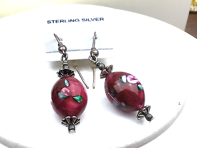 #ad Vintage Sterling Earrings 925 Silver Venetian Glass Pink Rose Pierced NO OFFERS $10.00