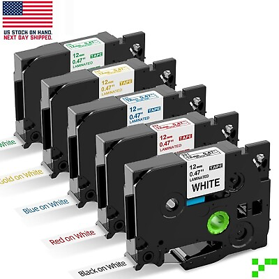 #ad 5x Tape for Brother P Touch TZe Label Maker 12mm Black Red Blue Green Gold Print $10.95