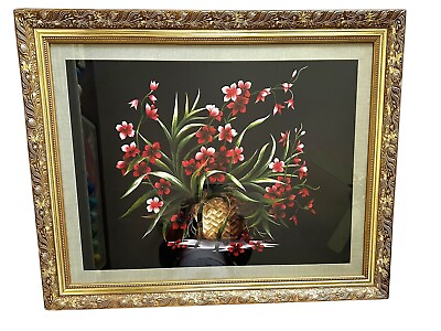 #ad Vietnamese Silk Embroidery of Basket of Orchids Black Background Gold Frame EUC $225.00