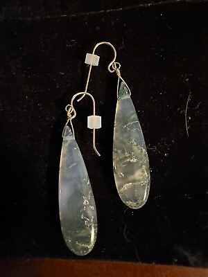 #ad Moss Green Agate Earrings Natural Long Dangles Simple 14k Gold $100.00