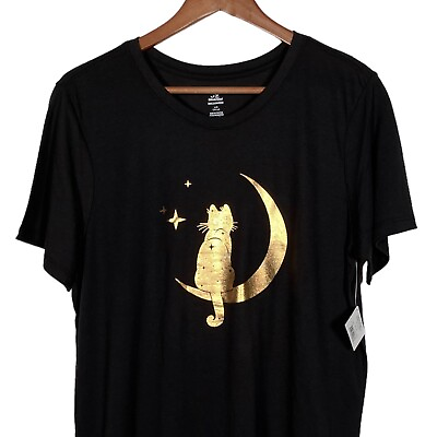 #ad Cat Moon Stars Womens T Shirt Top Large Black Gold Foil Metallic Halloween NEW L $9.95