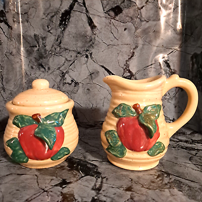 #ad COLLECTIBLE RAISED APPLE DECORATED STONEWARE SUGAR BOWL AND CREAM PITCHER $12.50