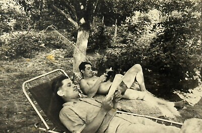 #ad 1954 Two Shirtless Muscular Handsome Men Lying on folding bed Gay int Vint Photo $24.50