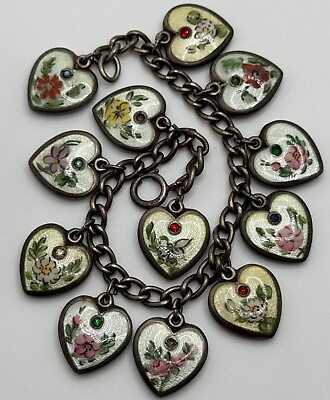 #ad Vintage Walter Lampl Enamel Birthday Sterling Silver Puffy Heart Charm Bracelet $2039.99