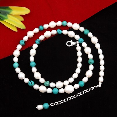 #ad Natural Blue Turquoise Freshwater Pearl Beads Silver Necklace Birthday Gift $59.99