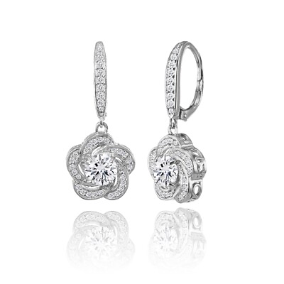 #ad Sterling Silver Cubic Zirconia Flower Swirl Dangle Leverback Earrings $34.99