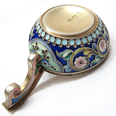 #ad RARE RUSSIAN ANTIQUE 84 SILVER SHADED ENAMEL GOLD VERMEIL KOVSH BY 11A $2350.00