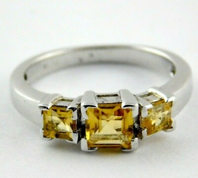 #ad Sterling Silver Three Stone Yellow Spinel Square Cut Cocktail Ring Size 6.25 $32.00