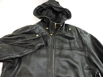#ad Limited Mens Medium Hooded Heavy Black Leather Full Zip Jacket Coat $52.49