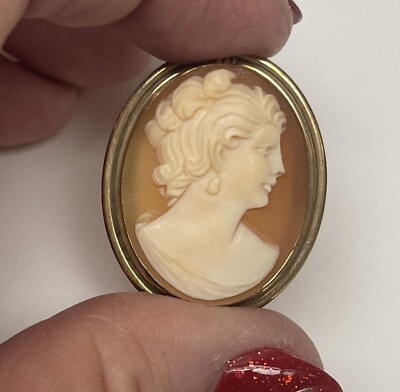 #ad Vintage 14K Gold Shell Cameo Girl Wearing Earring Brooch Pendant 7.2 Grams $147.75