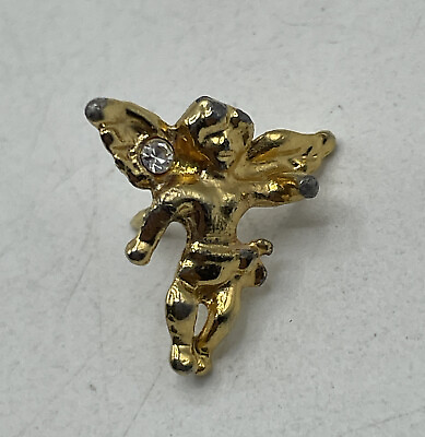 #ad Cherub With Gemstone Guardian Angel Gold Tone Vintage Lapel Pin $12.99