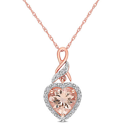 #ad Amour 10k Rose Gold Morganite and Halo Diamond Heart Shaped Pendant Necklace $450.00