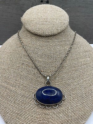 #ad Vintage 925 Sterling Silver Lapis Lazuli Pendant Necklace Bead Ball Snake Chain $56.00