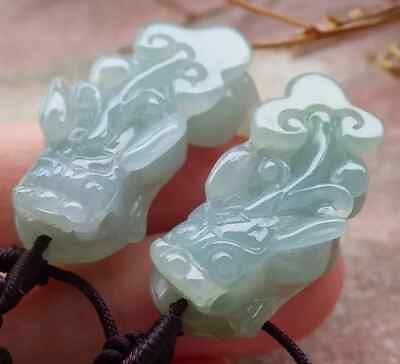#ad Certified Green Natural 100%A Jade jadeite pendant Pair Dragon pi Xiu 411693 $94.40