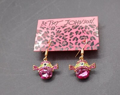 #ad New Betsey Johnson Rhinestone Pink Holland Hat Dangle Earrings With Tag $15.99
