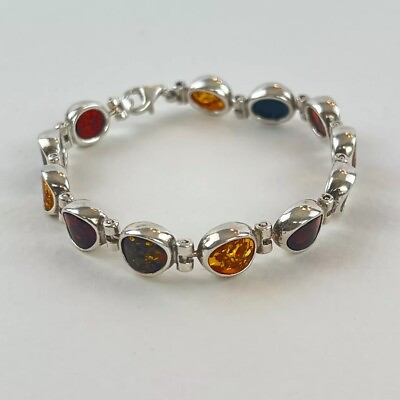 #ad Baltic Amber Sterling Silver Bracelet 7.5” Multicolor 925 Gemstone Jewelry 19g $55.00