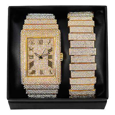 #ad Men#x27;s Watch Square Round Luxury Chandelier Hip Hop Full Iced amp; Bracelet Gift Set $39.99