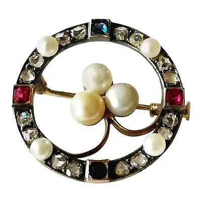 #ad Vintage style 925 sterling silver Diamond Ruby Sapphire and Pearls Gold Brooch $270.00