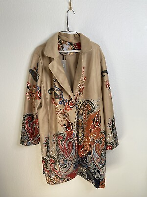 #ad Chicos Long Duster Jacket Topper 4 20 22 Paisley Faux Suede Tan Multi NEW $169 $85.00