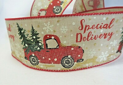 #ad 5 YARDS NATURAL RIBBON WIRED EDGES RED FARM TRUCK CHRISTMAS TREES 2 1 2quot; WIDE $4.40