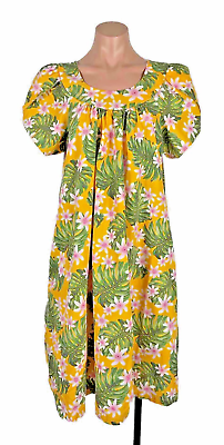 #ad Vintage 80s 70s Floral Monstera Plumeria Yellow Hawaiian kaftan Dress Muumuu $65.00