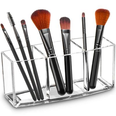 #ad Clear Makeup Brush Holder Organizer 3 Slot Acrylic Cosmetic Brushes Storage Ey $9.56