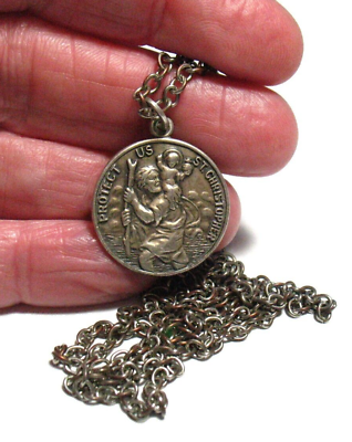 #ad BEAU STERLING SILVER ST CHRISTOPHER MEDAL NECKLACE VINTAGE 8.3 GRAMS 24 INCHES $125.00