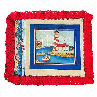#ad Vintage Beach House Pillow Case Crochet Cover Lighthouse Seagull Beach Kitsch XL $18.48