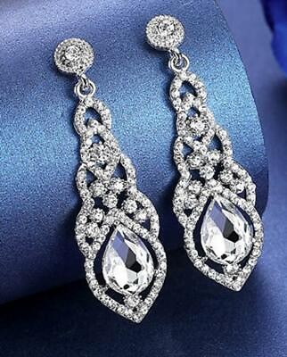 #ad Water Drop Crystal Drop Long 15CT CZ 925 Silver Elegant Bridal Wedding Earring $349.00