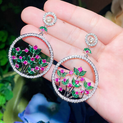#ad Fancy Flower Round Dangle Drop Long Party Earrings for Women CZ Crystal Jewelry $10.62