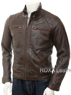 #ad Men#x27;s Genuine Lambskin Leather Jacket Motorcycle Quilted Outwear Brown Coat $119.20