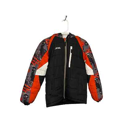 #ad London Fog Winter Puffer Hooded Jacket Youth Boys 10 12 Black with Graphic Print $28.95