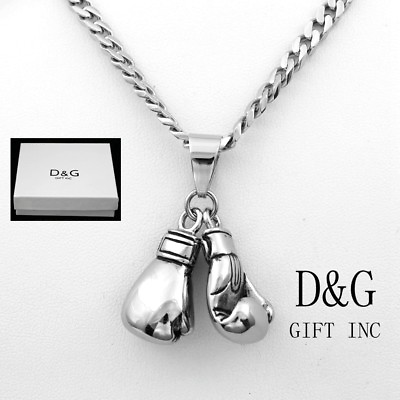 #ad DG Men#x27;s 20quot; Stainless Steel Silver Cuban Curb Chain.BOXING GLOVES PendantBox $22.95